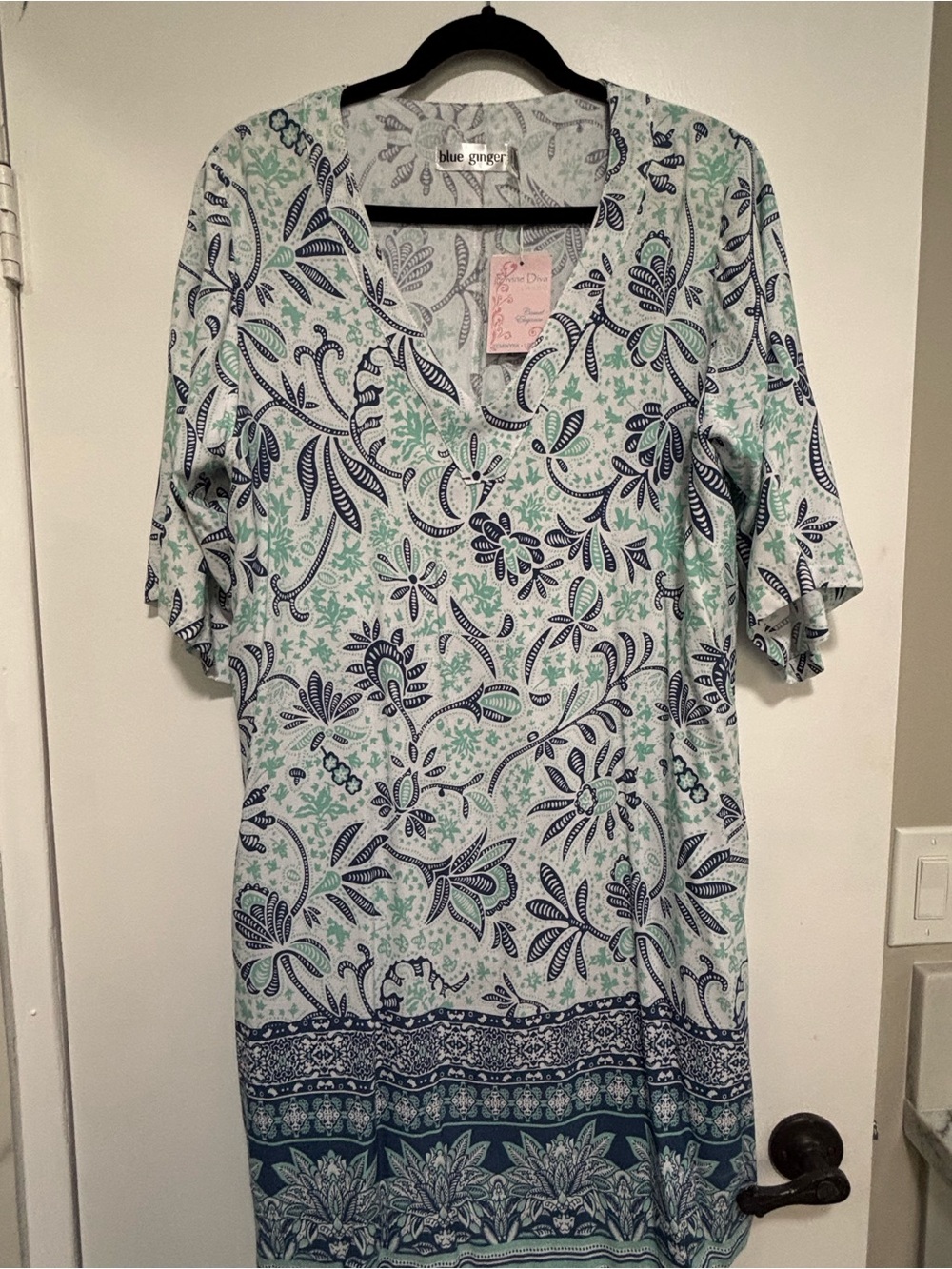 Mint & Navy Floral V-Neck Tunic Dress